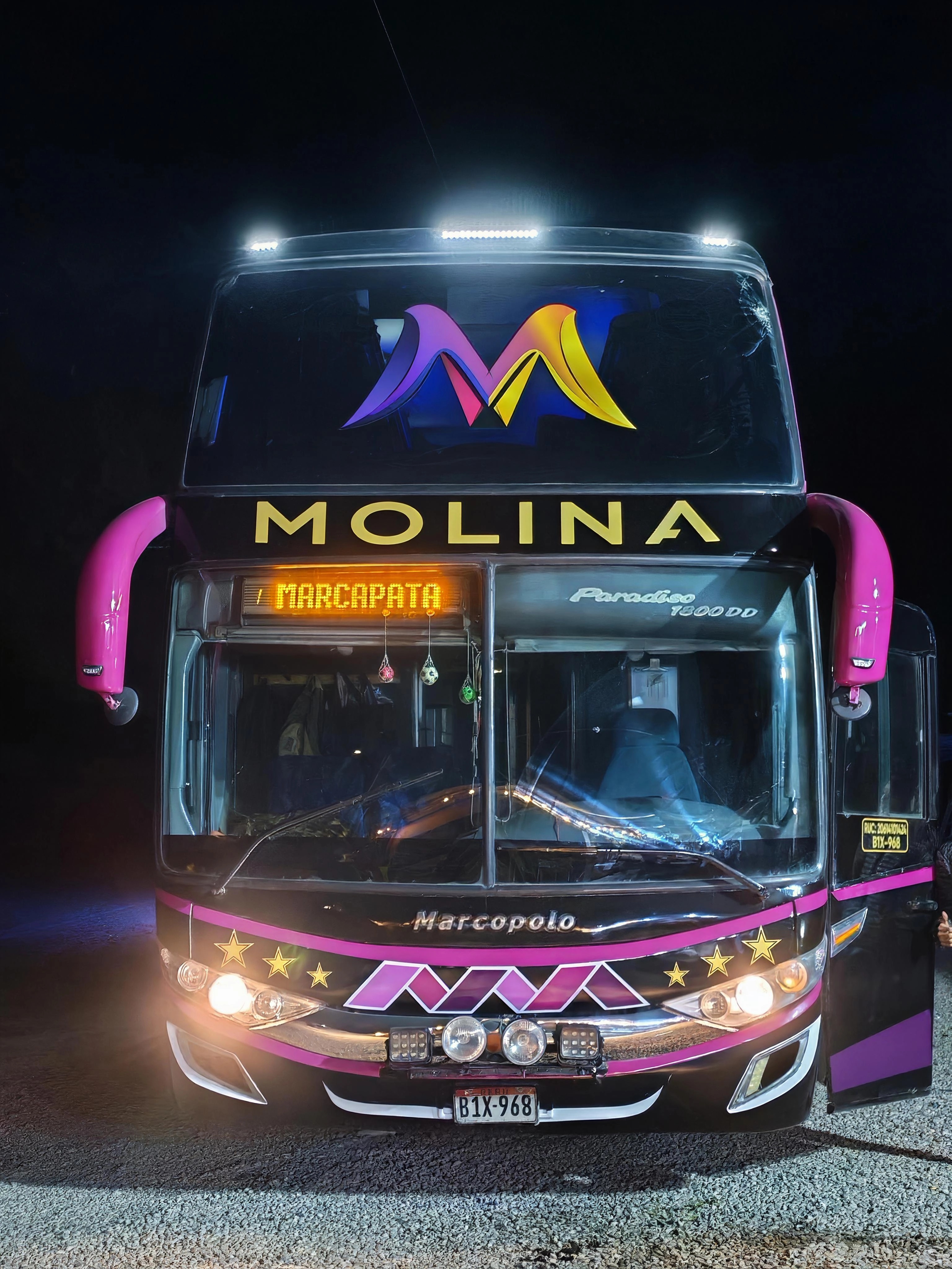 Bus Molina iluminado durante la noche