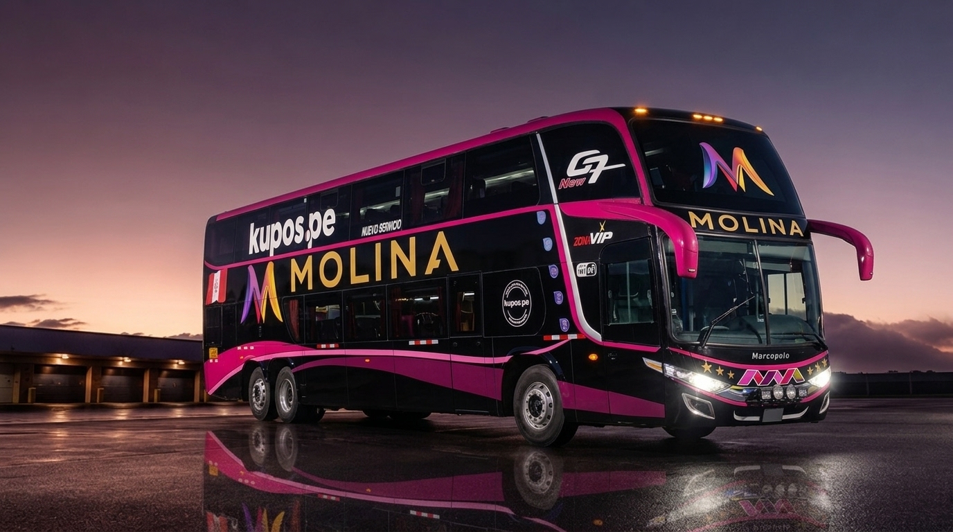 Bus Molina negro y magenta impecable en un depósito premium al amanecer
