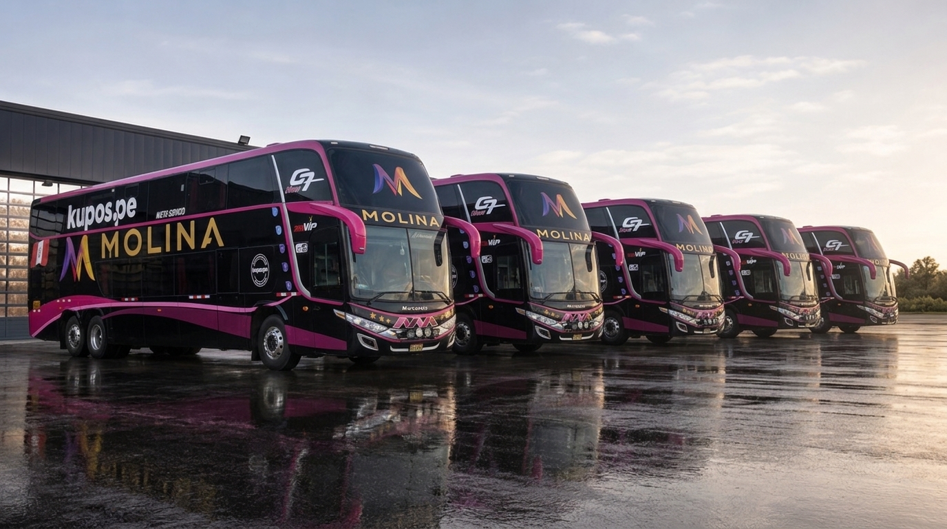 Flota de cinco buses Molina negros y magenta estacionados en formación